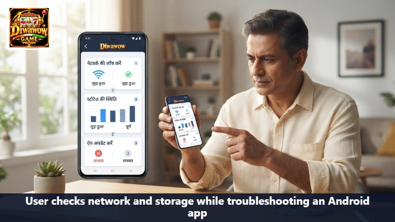 User checks network and storage while troubleshooting an Android app