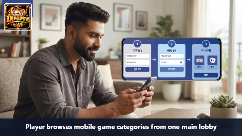 Player browses mobile game categories from one main lobby