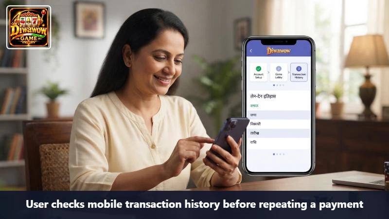 User checks mobile transaction history before repeating a payment