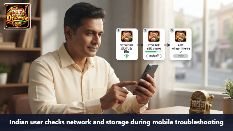 Indian user checks network and storage during mobile troubleshooting
